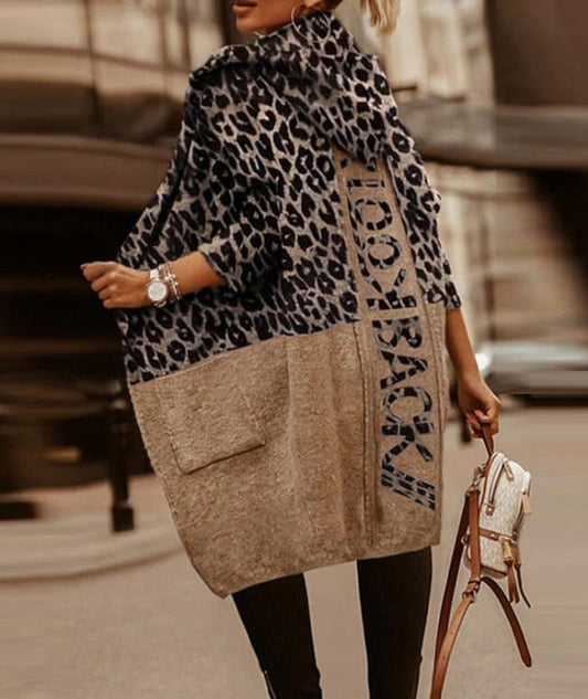 Loose Leopard Print Letter Hooded Cardigan