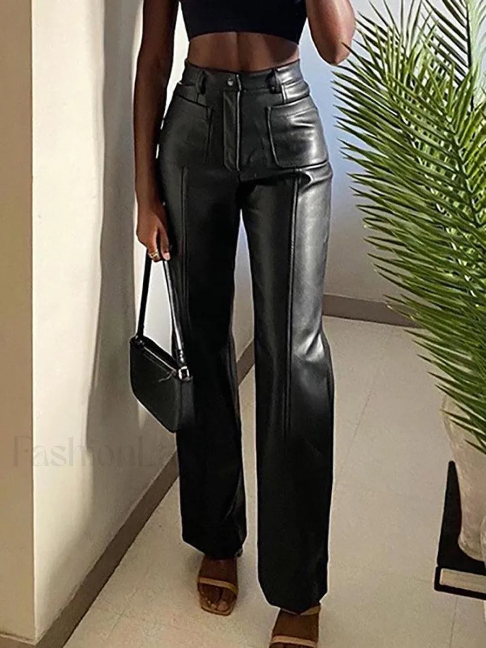 Pu High Waist Straight Pants Black / S Pants