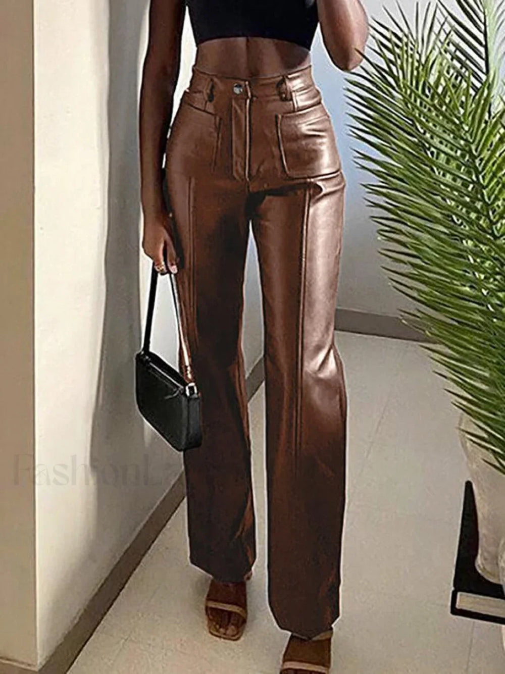 Pu High Waist Straight Pants Brown / S Pants