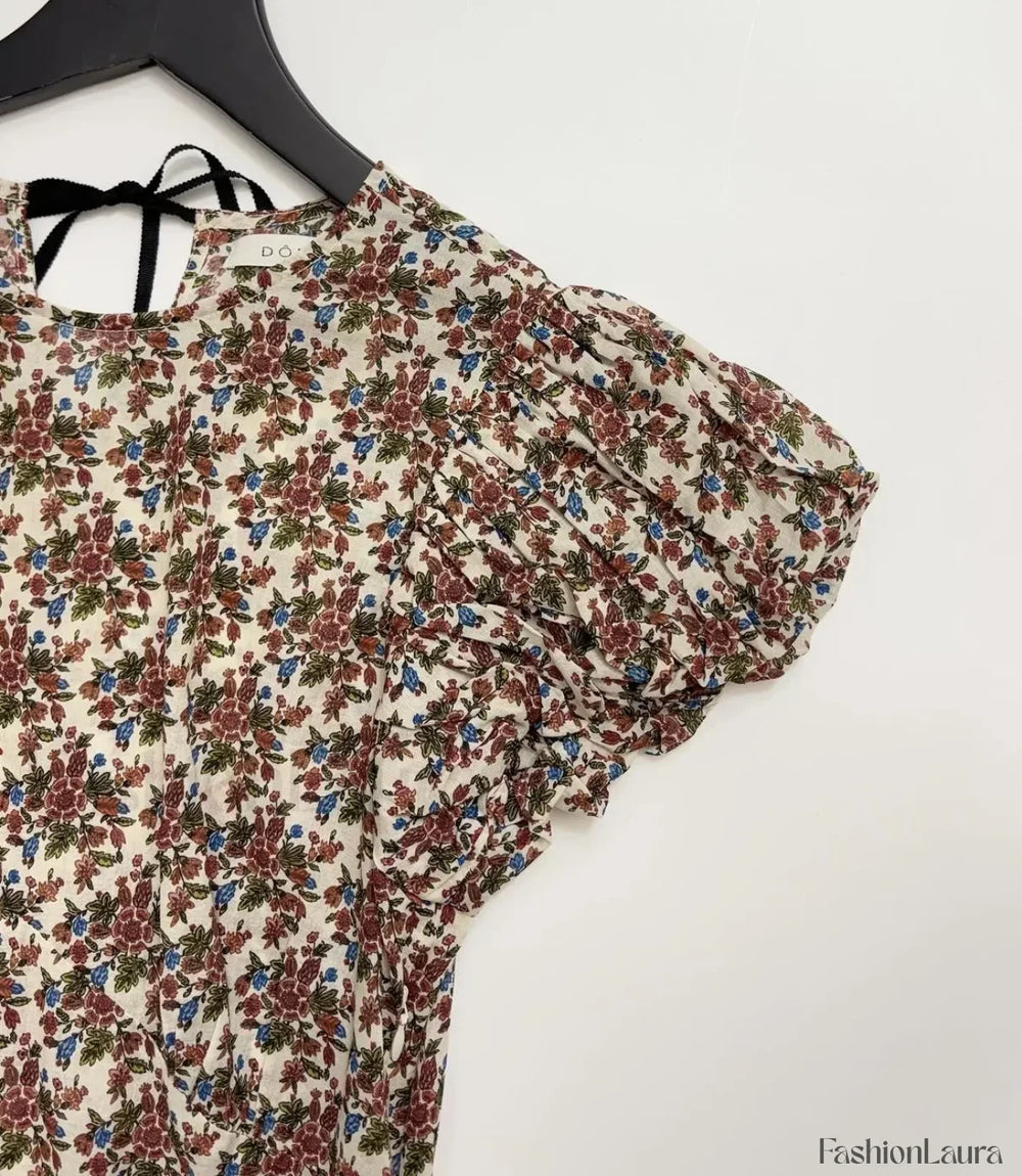 Puff Flower Print Slim Cotton Holiday Midi Dress