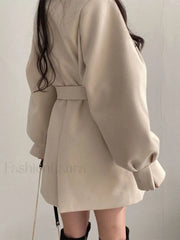 Puff Sleeve Belted Woolen Coat Coat