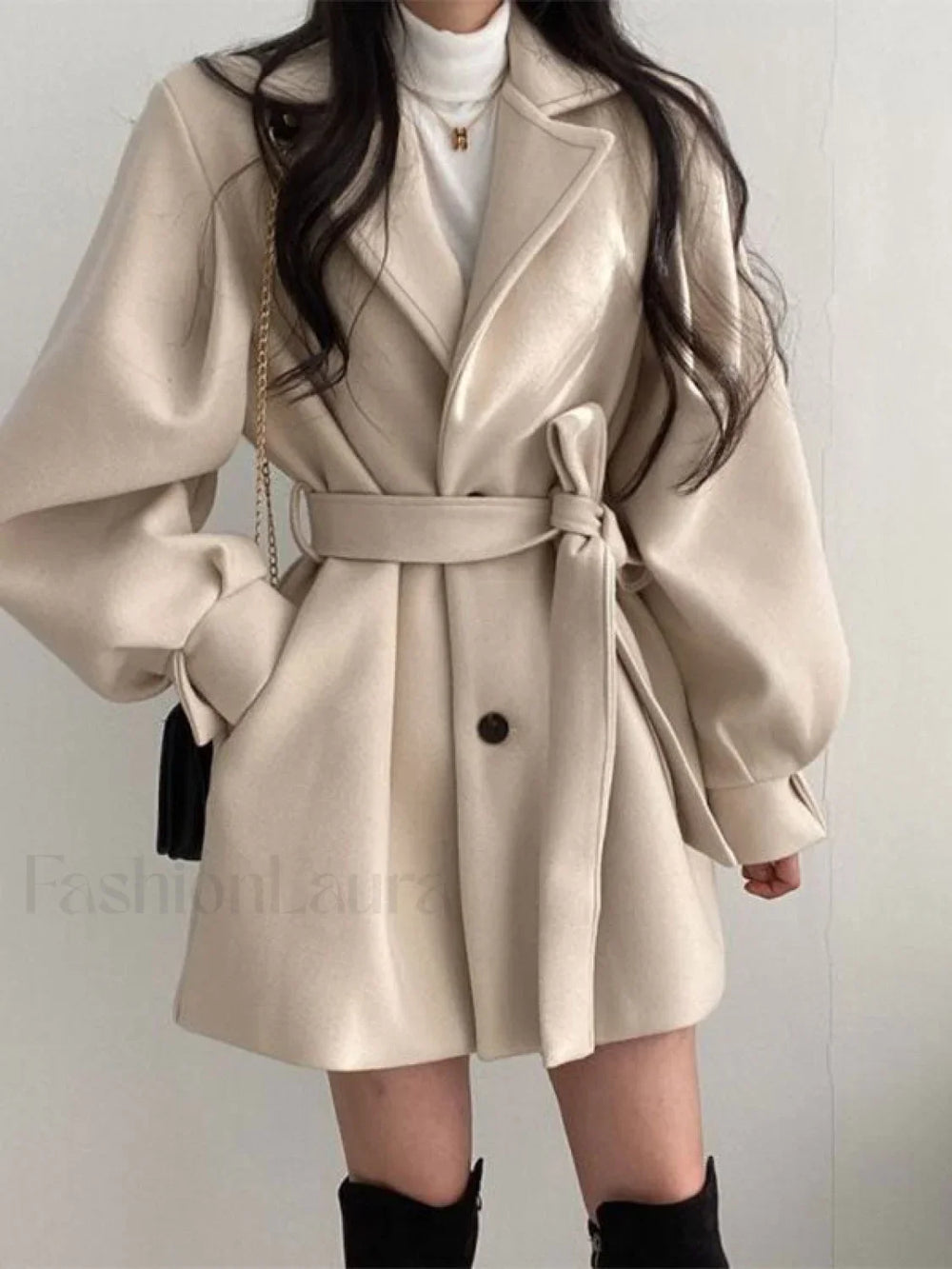 Puff Sleeve Belted Woolen Coat Coat
