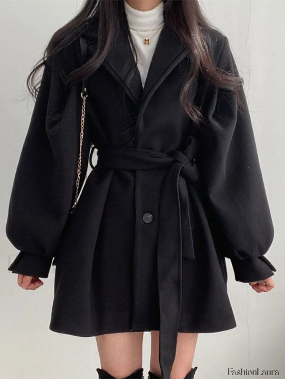 Puff Sleeve Belted Woolen Coat Coat