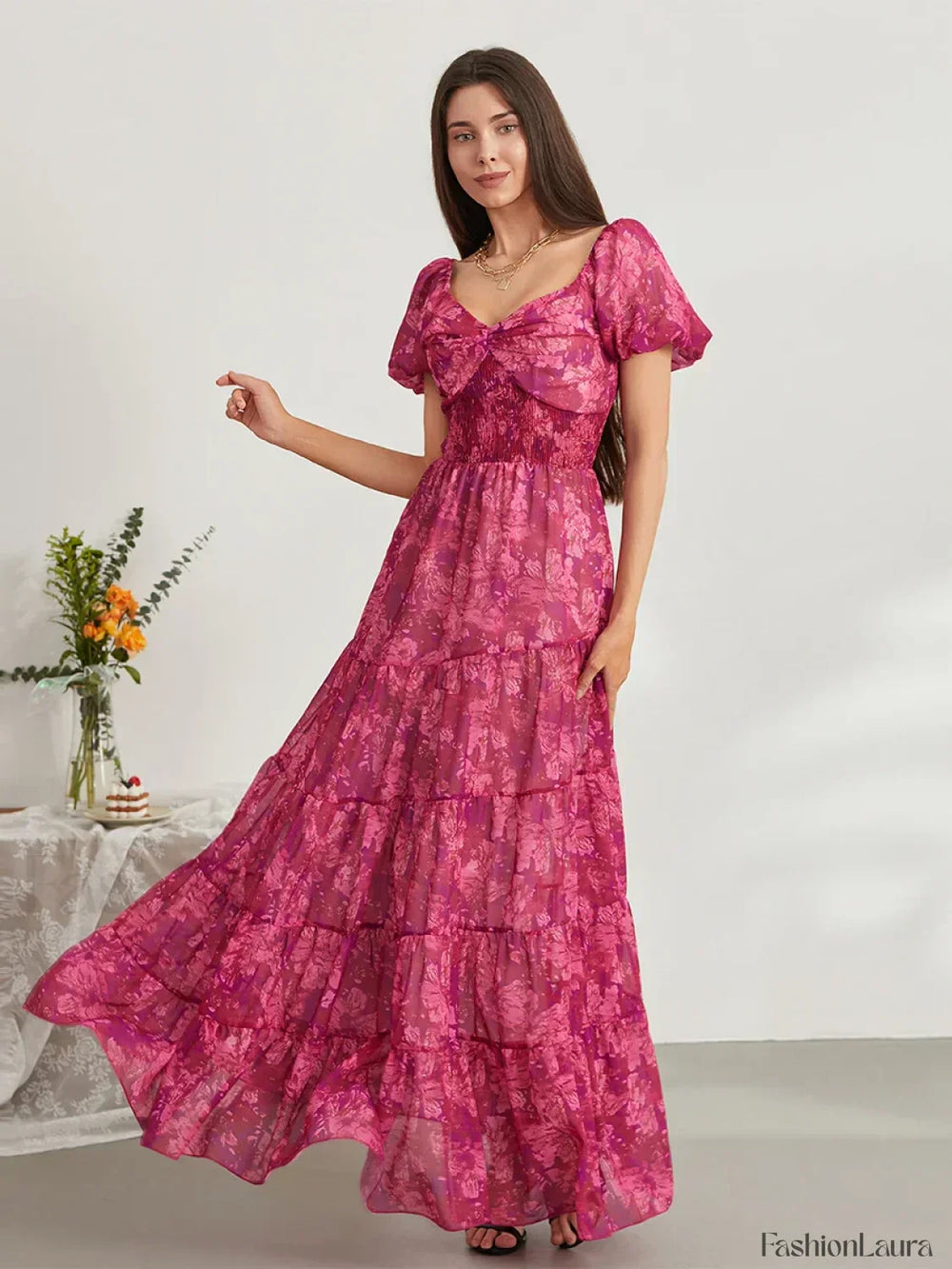 Puff Sleeve Floral Flowy Maxi Dress