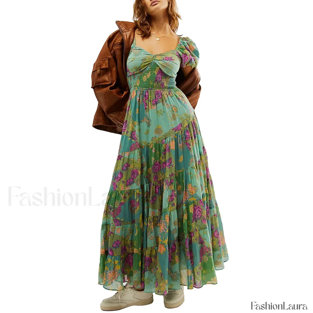 Puff Sleeve Floral Flowy Maxi Dress Green / S