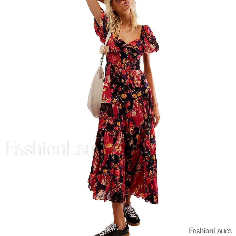 Puff Sleeve Floral Flowy Maxi Dress Red / S