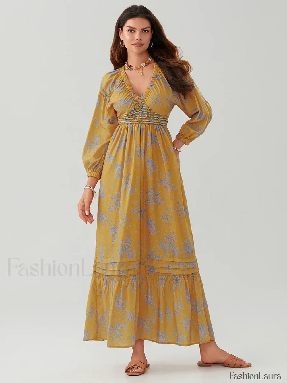 Puff Sleeve Flowy Boho Dress color1 / S