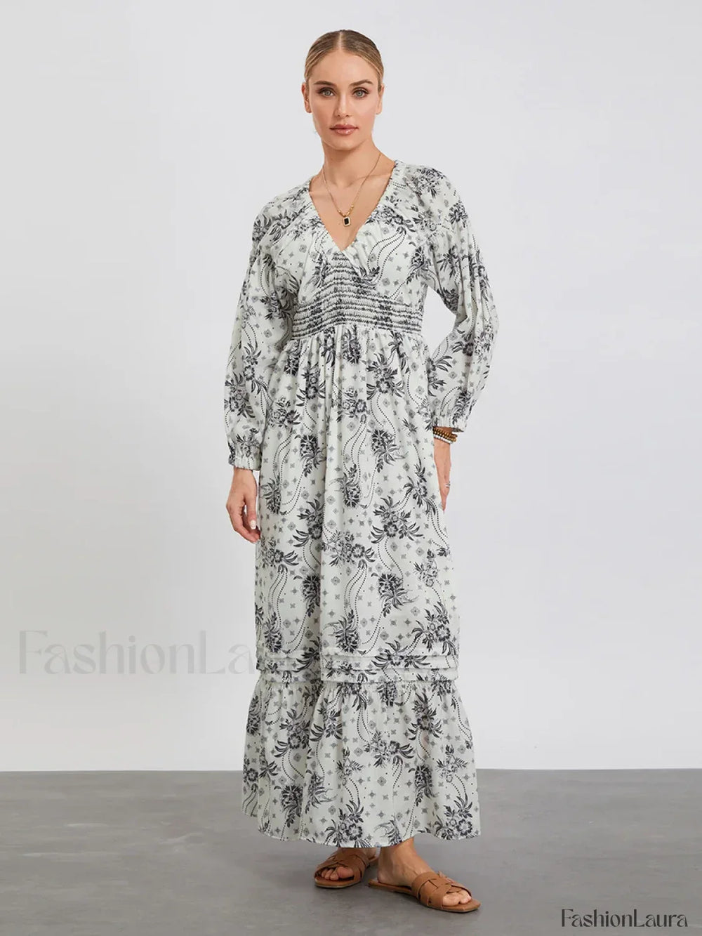 Puff Sleeve Flowy Boho Dress color9 / S