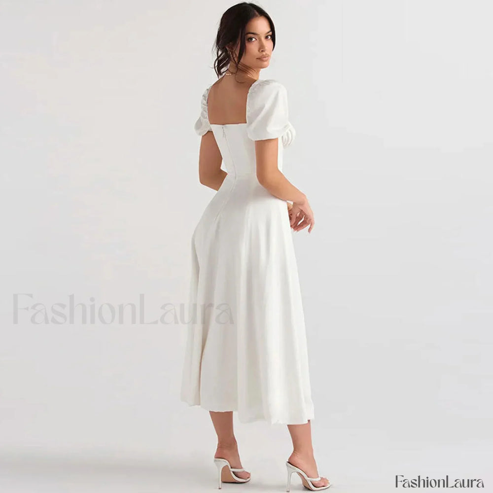 Puff Sleeve Tie Front High Split Off Shoulder Midi Sundress White L / White Off Shoulder Dresses