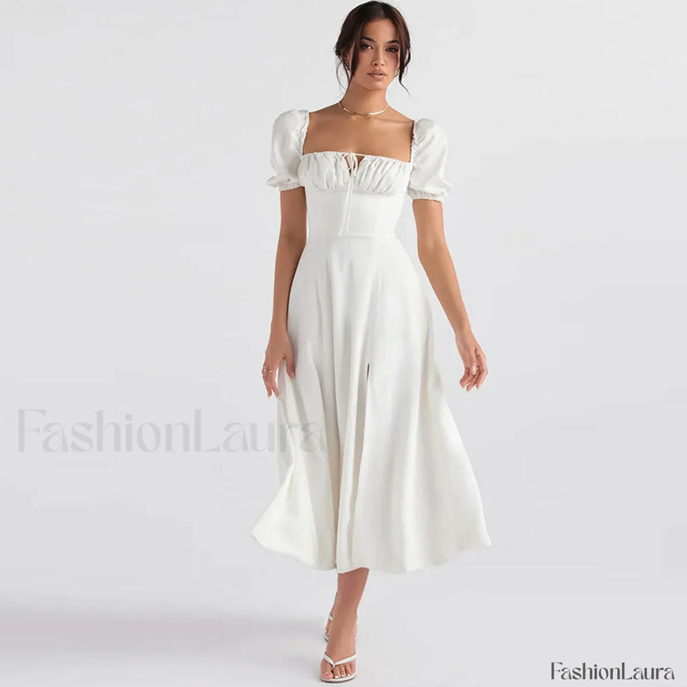 Puff Sleeve Tie Front High Split Off Shoulder Midi Sundress White S / White Off Shoulder Dresses