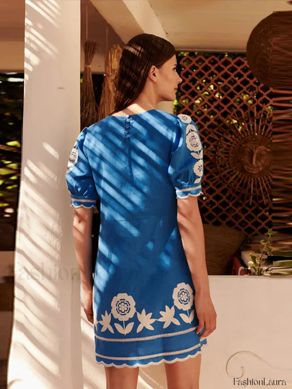 Puff Sleeve Wave Hem Boho Dress