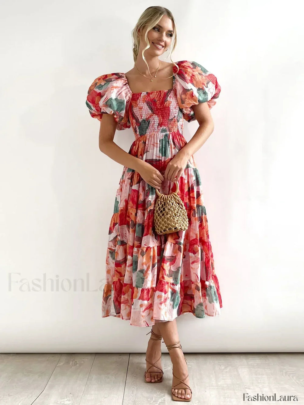 Puffy Bubble Sleeve Floral Dress Fiery red flower / S