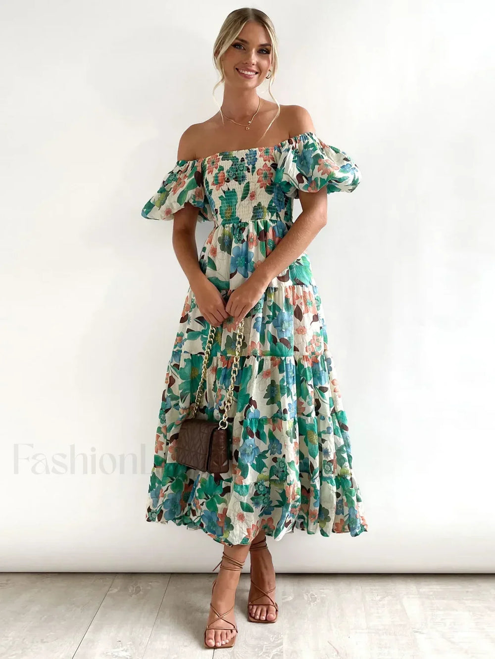 Puffy Bubble Sleeve Floral Dress green flower / S