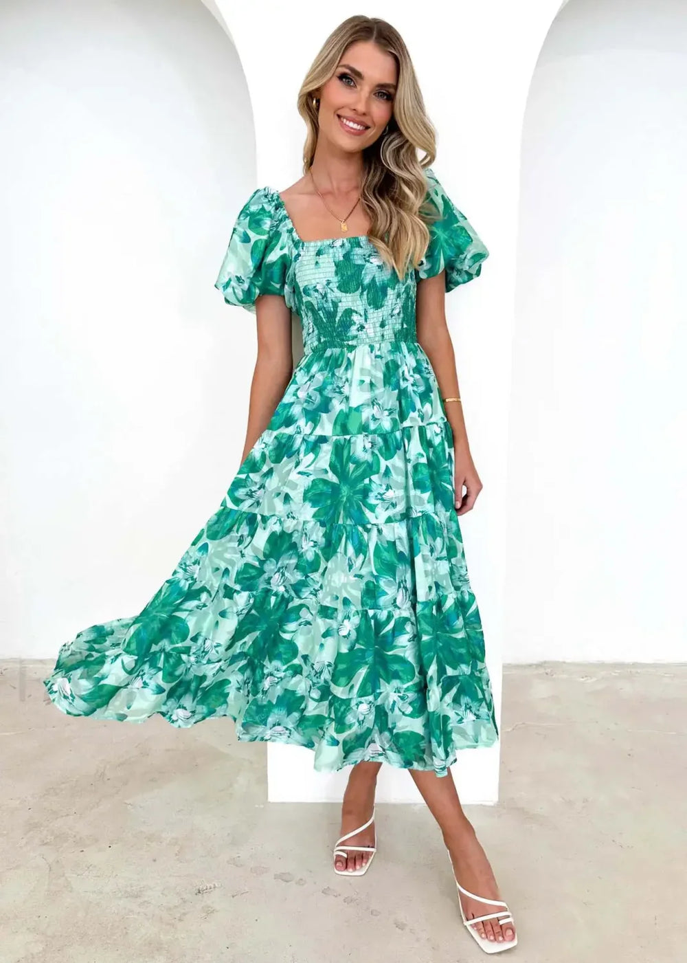 Puffy Bubble Sleeve Floral Dress Green Flowers / S