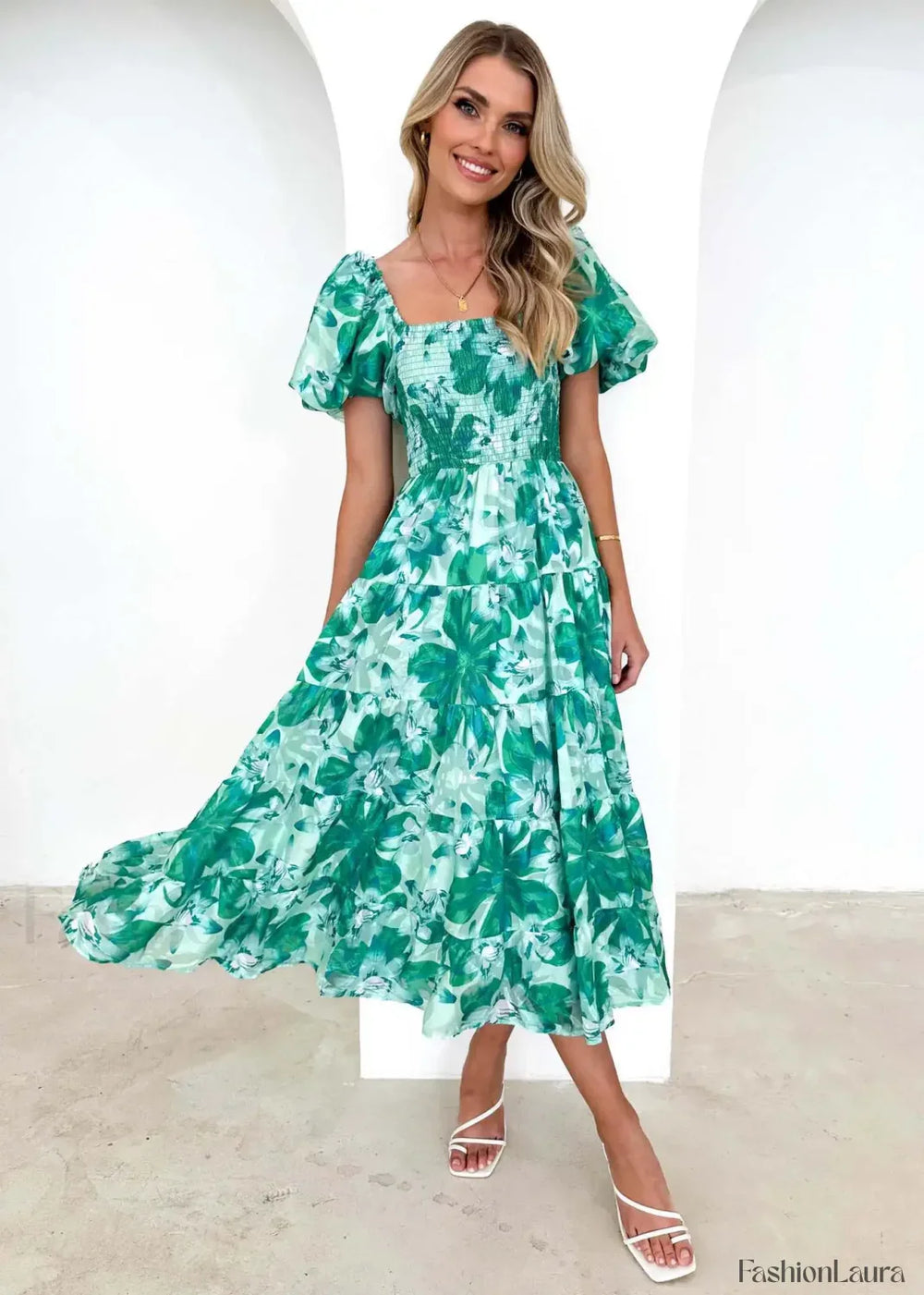 Puffy Bubble Sleeve Floral Dress Green Flowers / S