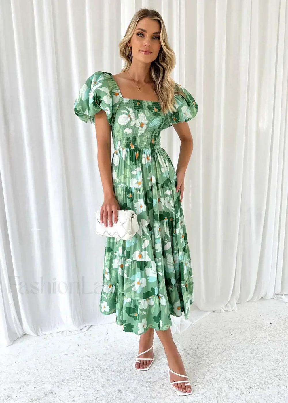 Puffy Bubble Sleeve Floral Dress Green white flowers / S