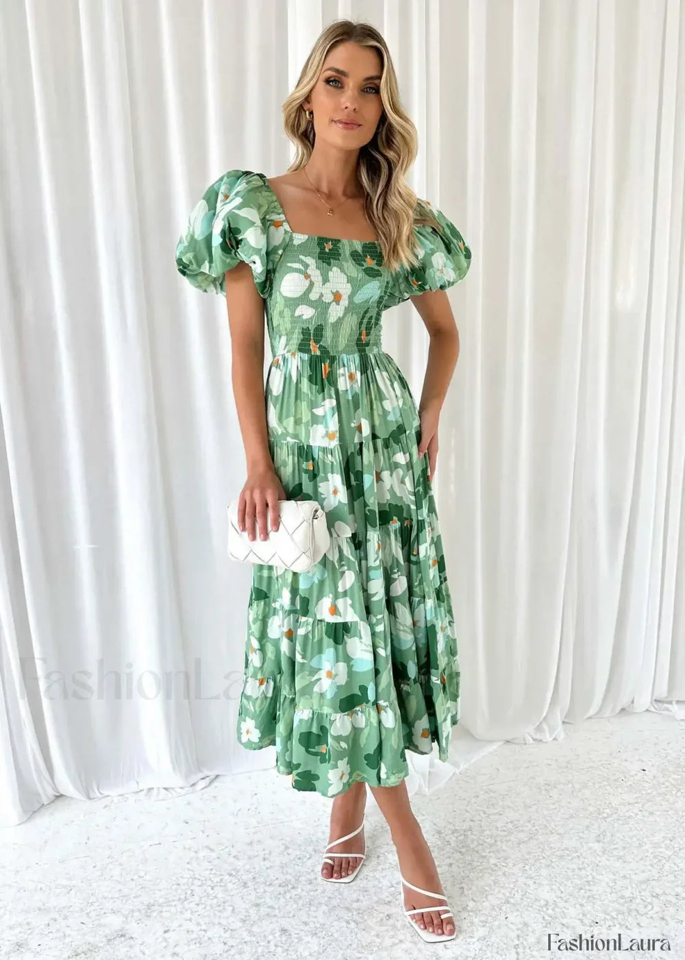 Puffy Bubble Sleeve Floral Dress Green white flowers / S