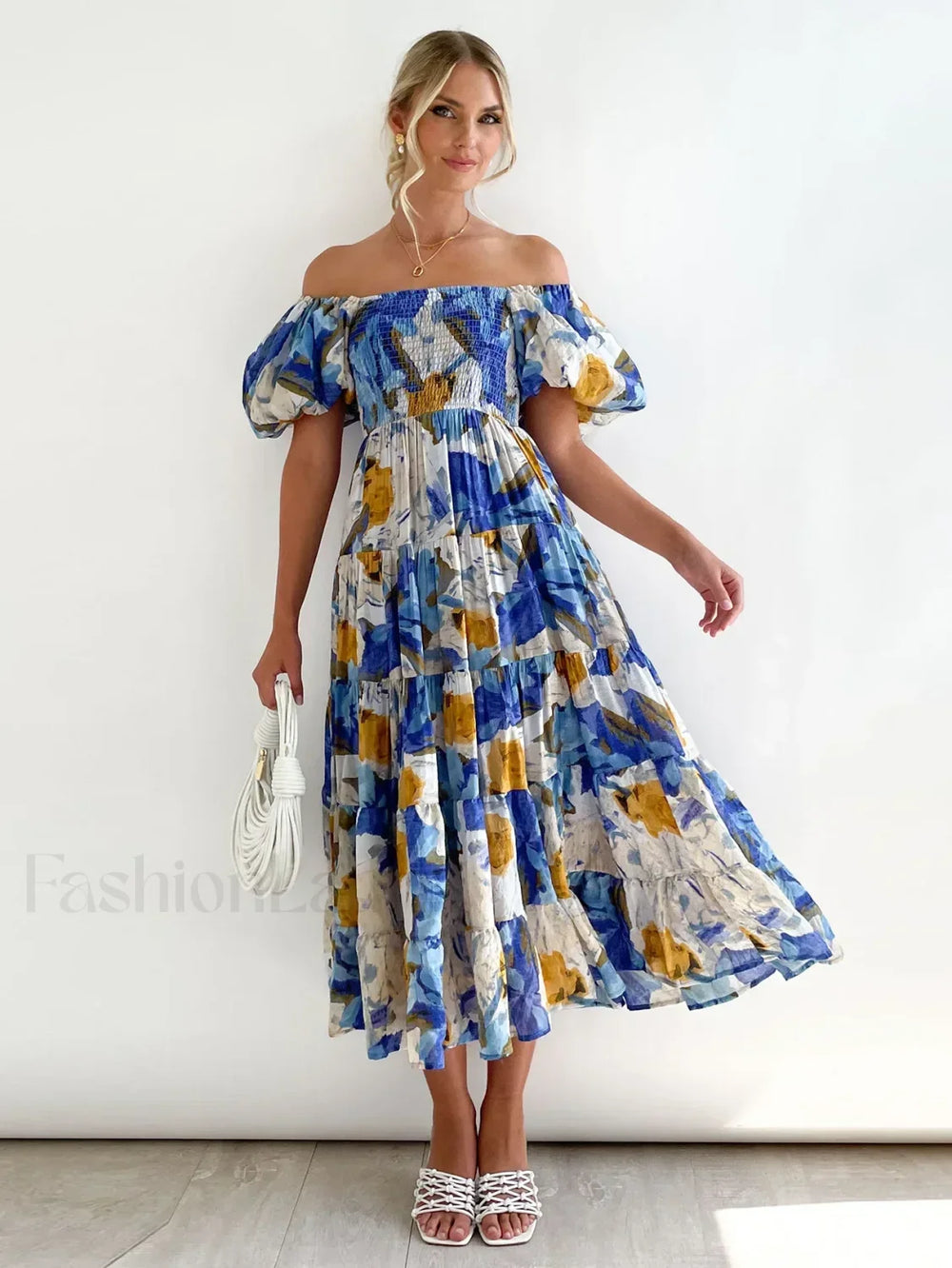 Puffy Bubble Sleeve Floral Dress Ice Blue Flower / S