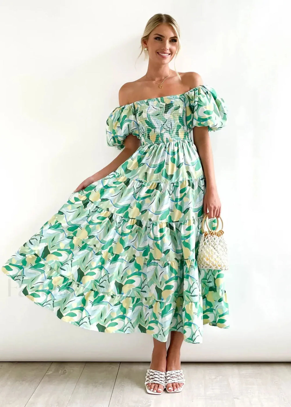 Puffy Bubble Sleeve Floral Dress Yellow green leaves / S