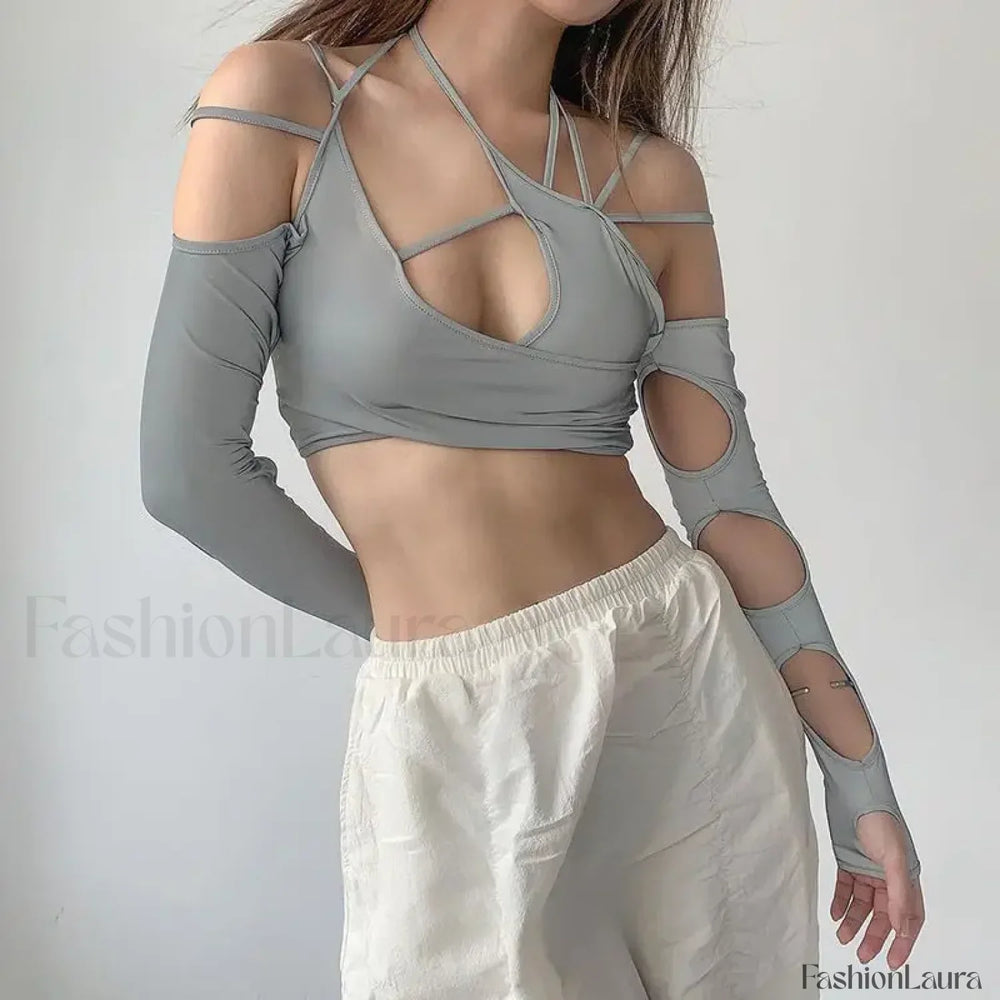 Punk Y2K Gothic Slim Fit Hollow Out Long Sleeve T shirt Crop Top