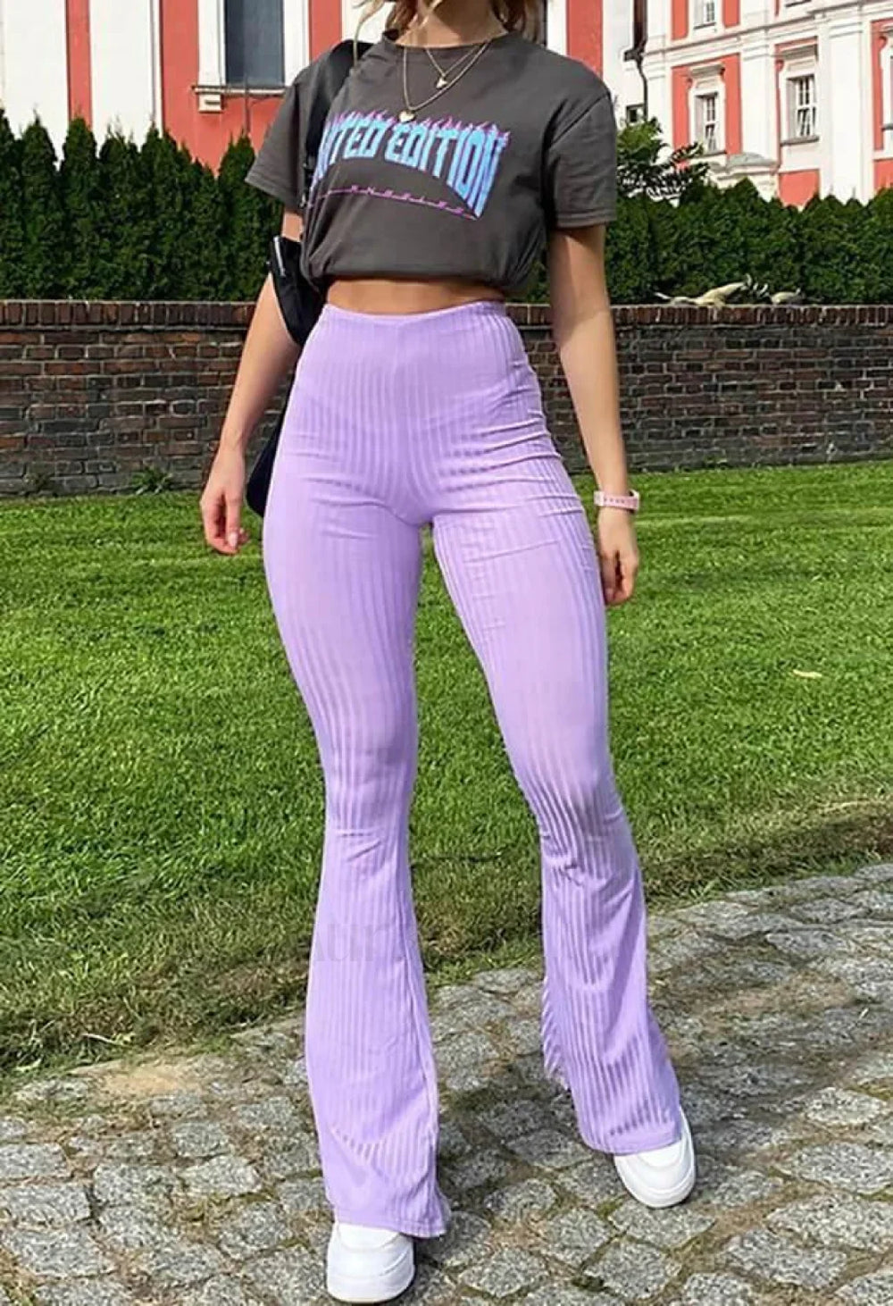 Pure Color Wide Leg Flare Pants Purple / S Pants