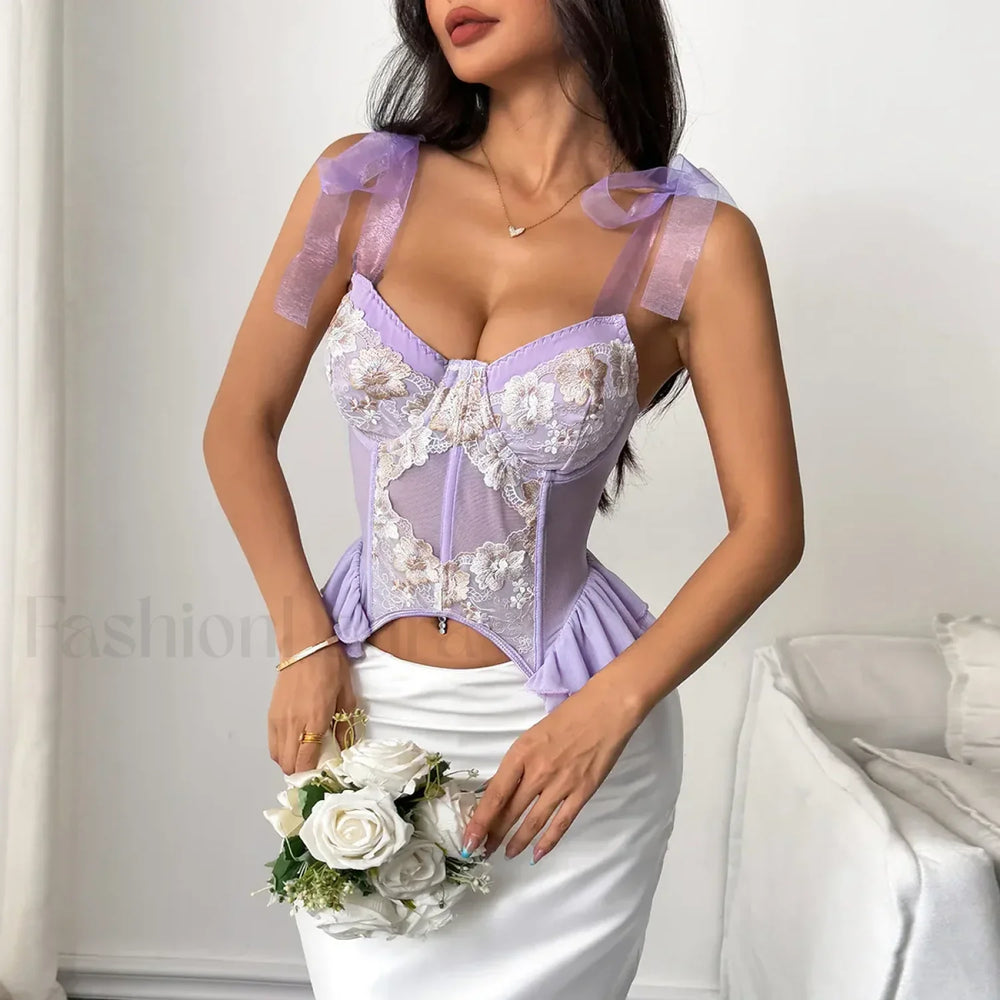 Purple Embroidery Sling Crop Top