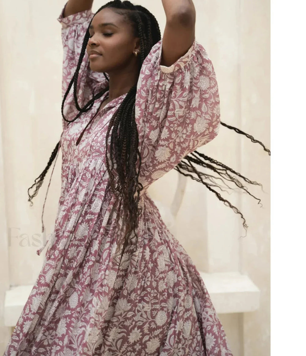 Purple Lantern Sleeve Boho Dress