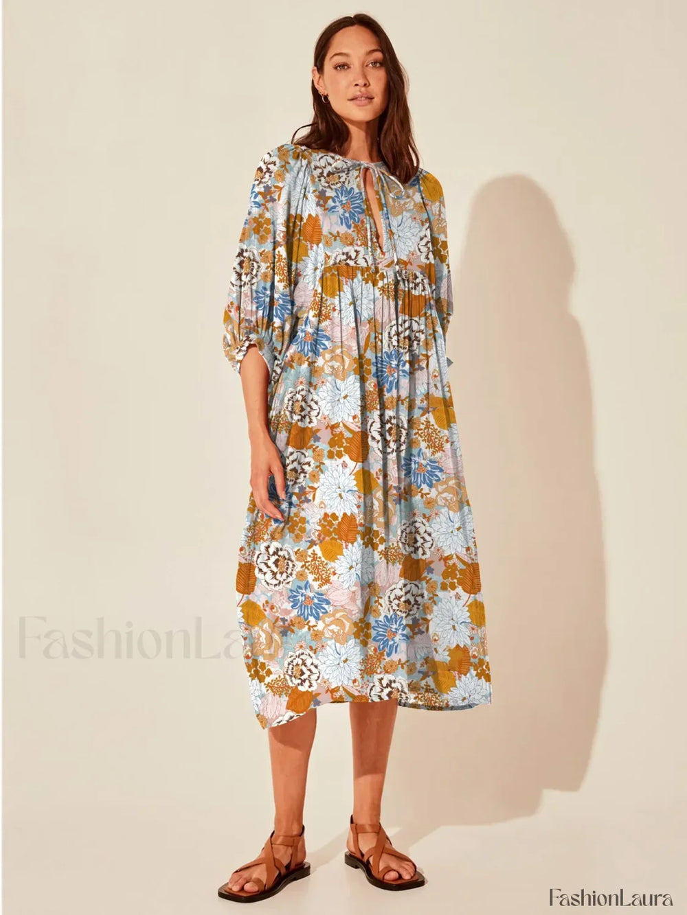 Purple Lantern Sleeve Boho Dress beige / S