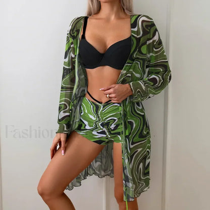Purple Printed Kimono Cover Three Piece Set Dark Green / S