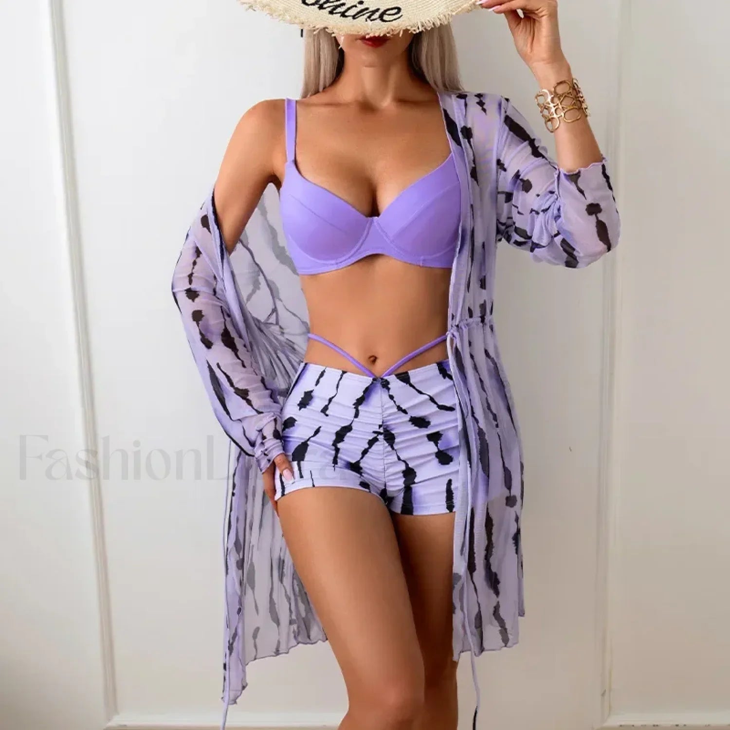 Purple Printed Kimono Cover Three Piece Set Purple / S