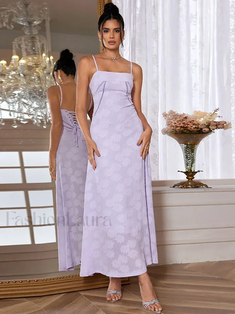 Purple Spaghetti Lace Maxi Dress