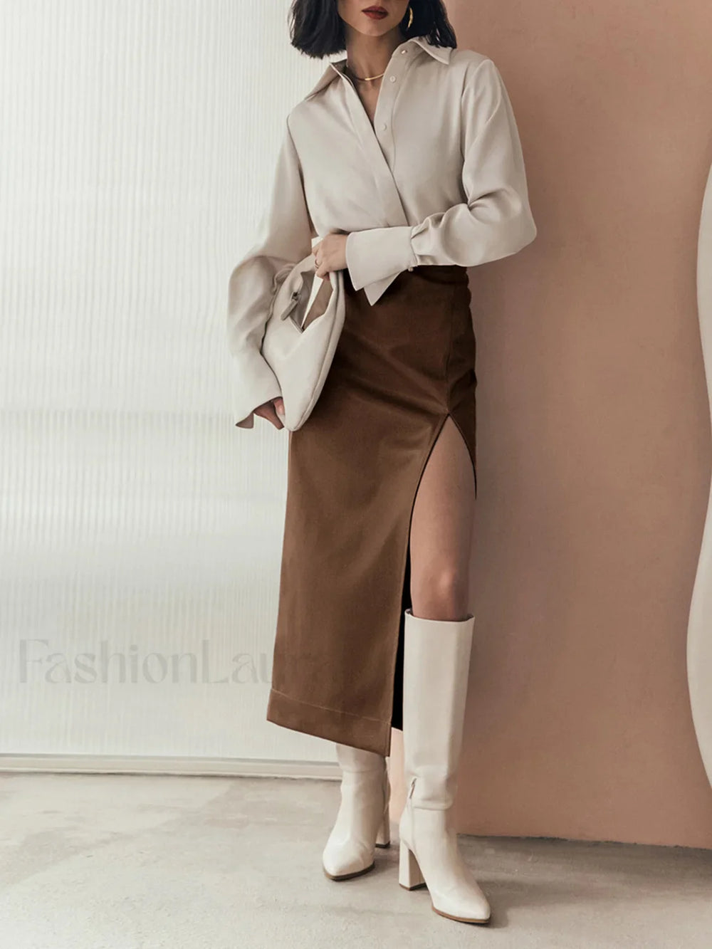 Quiet Luxury Faux Trendy Leather Slit Midi Skirt Skirts