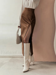 Quiet Luxury Faux Trendy Leather Slit Midi Skirt Skirts