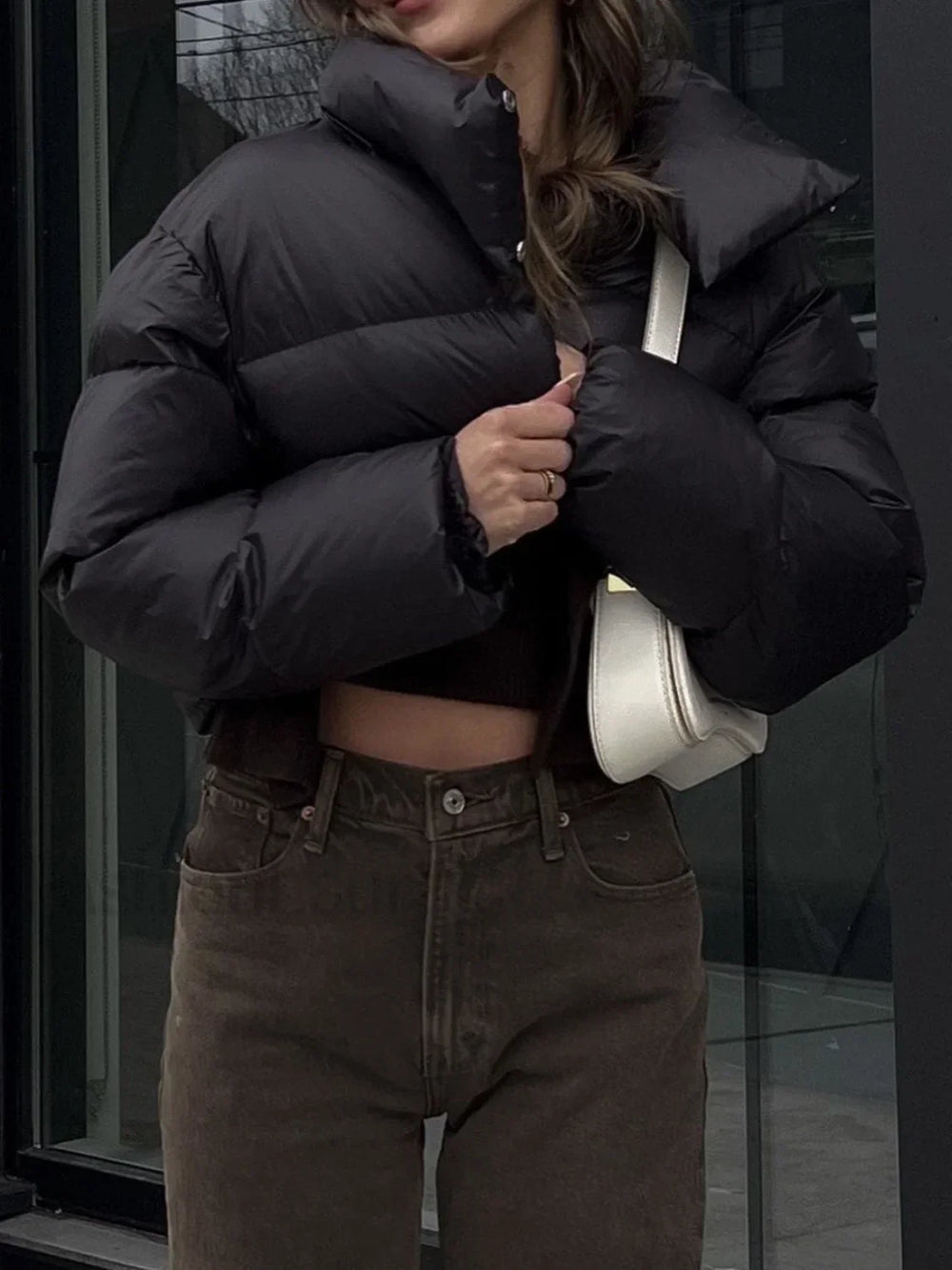 Quilted Puffer Mock Trendy Neck Crop Coat Winter Coats