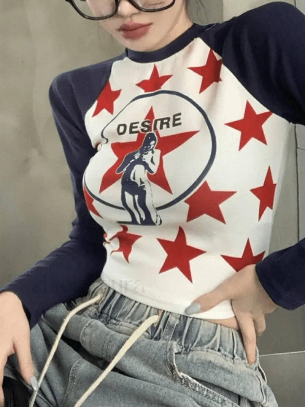 Raglan Sleeve Star Print Crop Top Tops&Tees