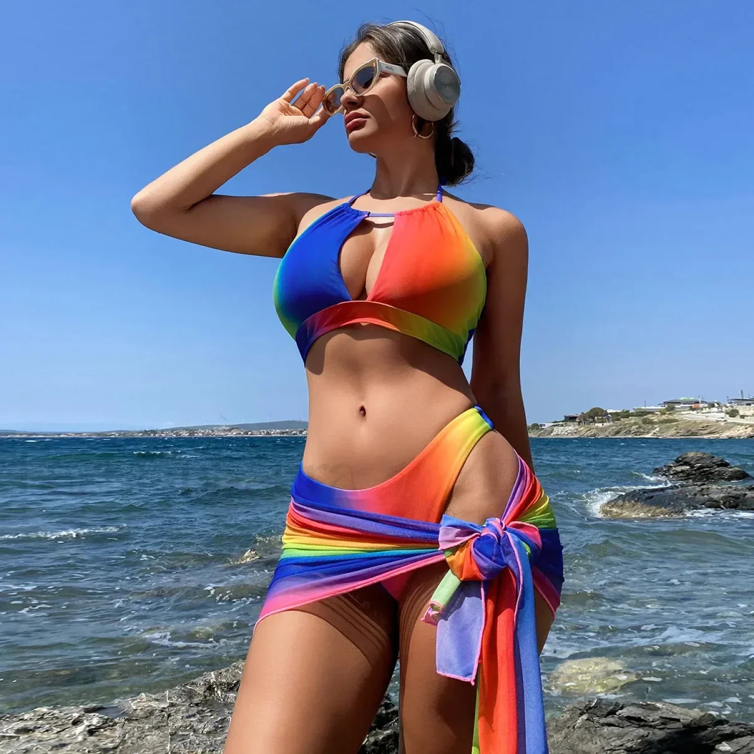 Rainbow Brazilian Thong Three Piece Set Multi / S