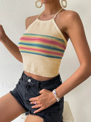 Rainbow Knitted Halter Crop Top Apricot / S
