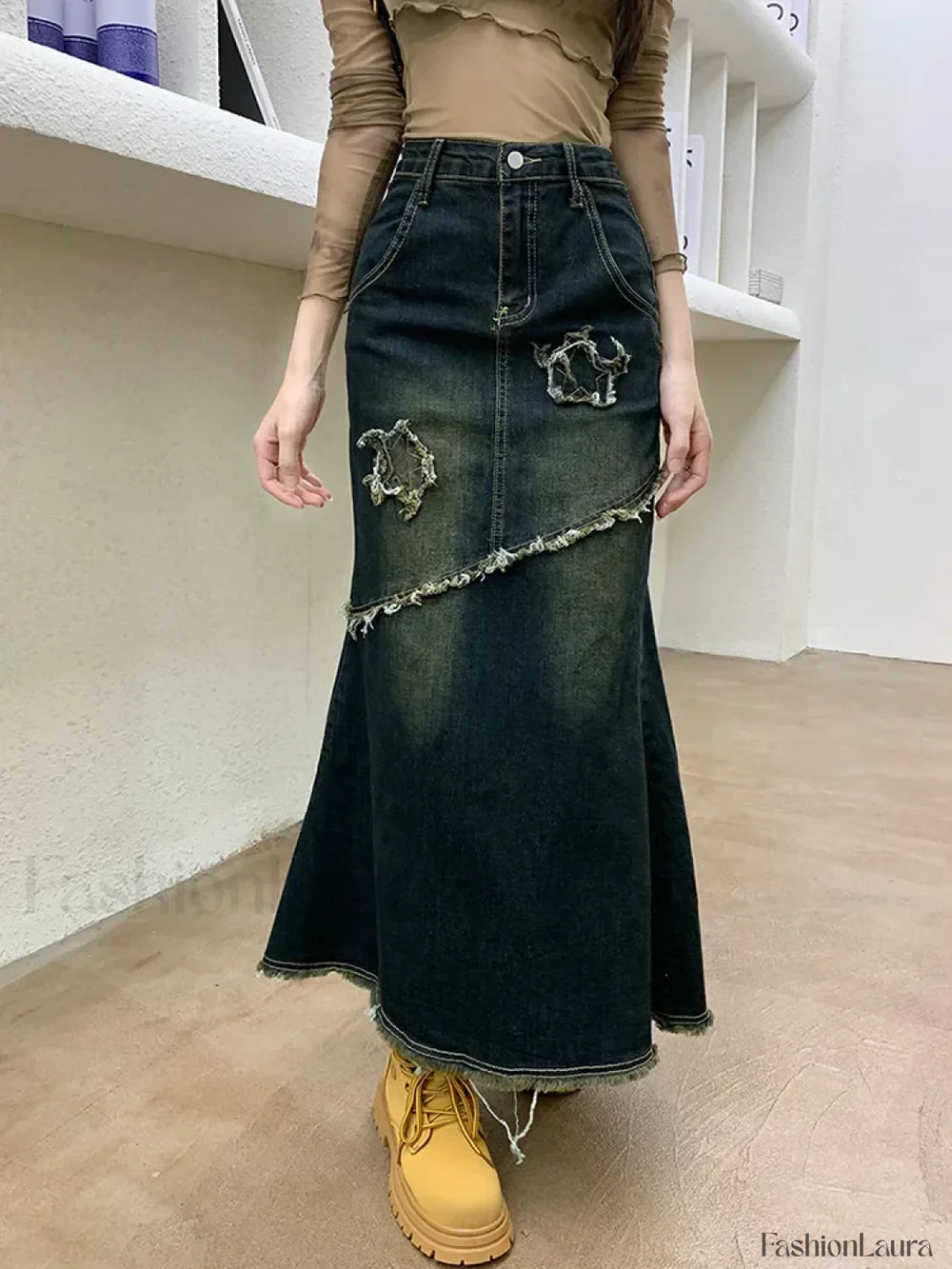 Raw Trim Mermaid Hem Washed Jean Long Skirt