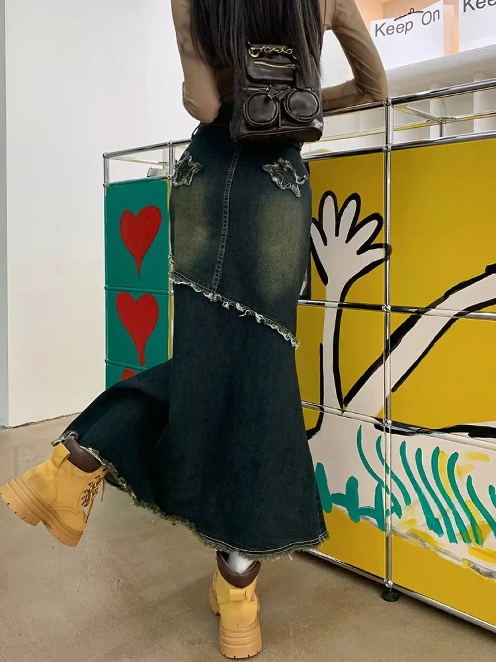 Raw Trim Mermaid Hem Washed Jean Long Skirt