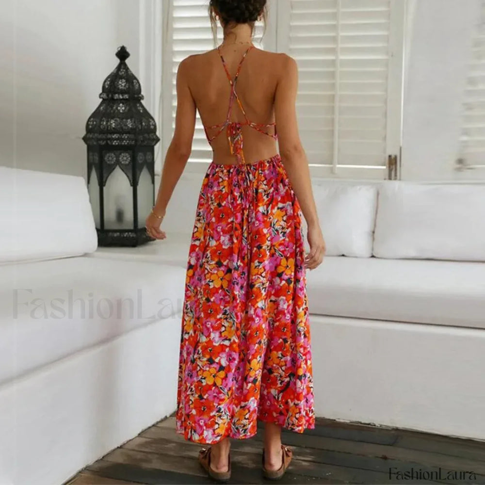 Red Bohemian Halter Floral Dress