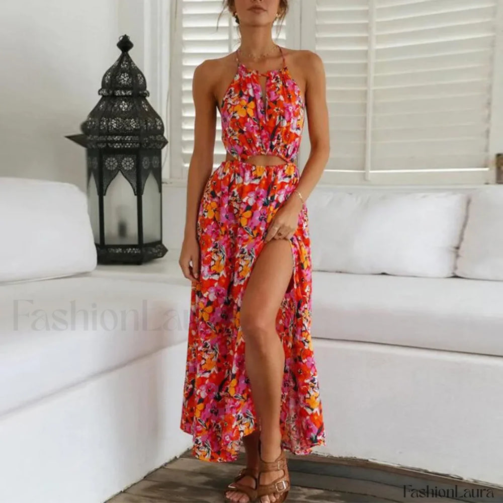 Red Bohemian Halter Floral Dress