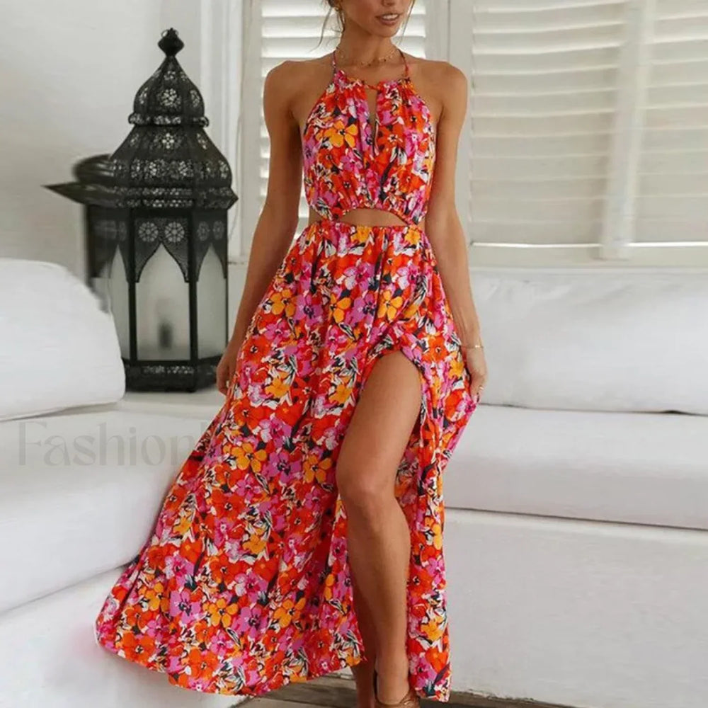 Red Bohemian Halter Floral Dress red / S