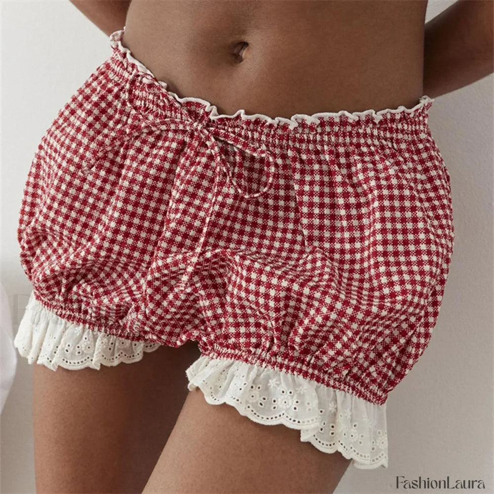 Red Gingham Lace Trim Lounge Short