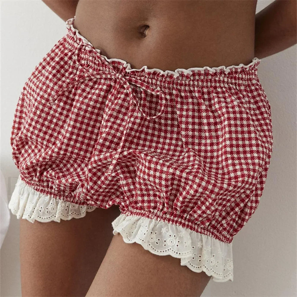 Red Gingham Lace Trim Lounge Short