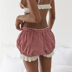Red Gingham Lace Trim Lounge Short