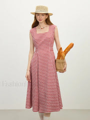 Red Plaid Sash Midi Dress