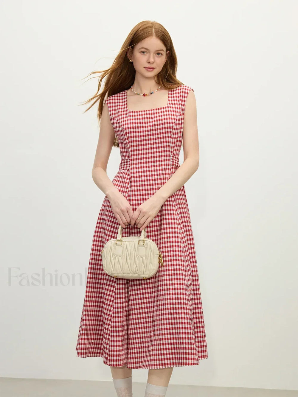Red Plaid Sash Midi Dress Red white plaid / XS