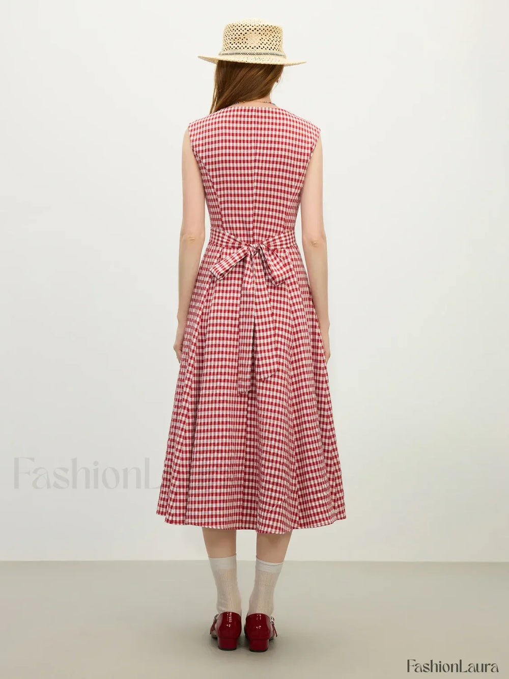 Red Plaid Sash Midi Dress