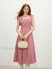 Red Plaid Sash Midi Dress Red white plaid / XS