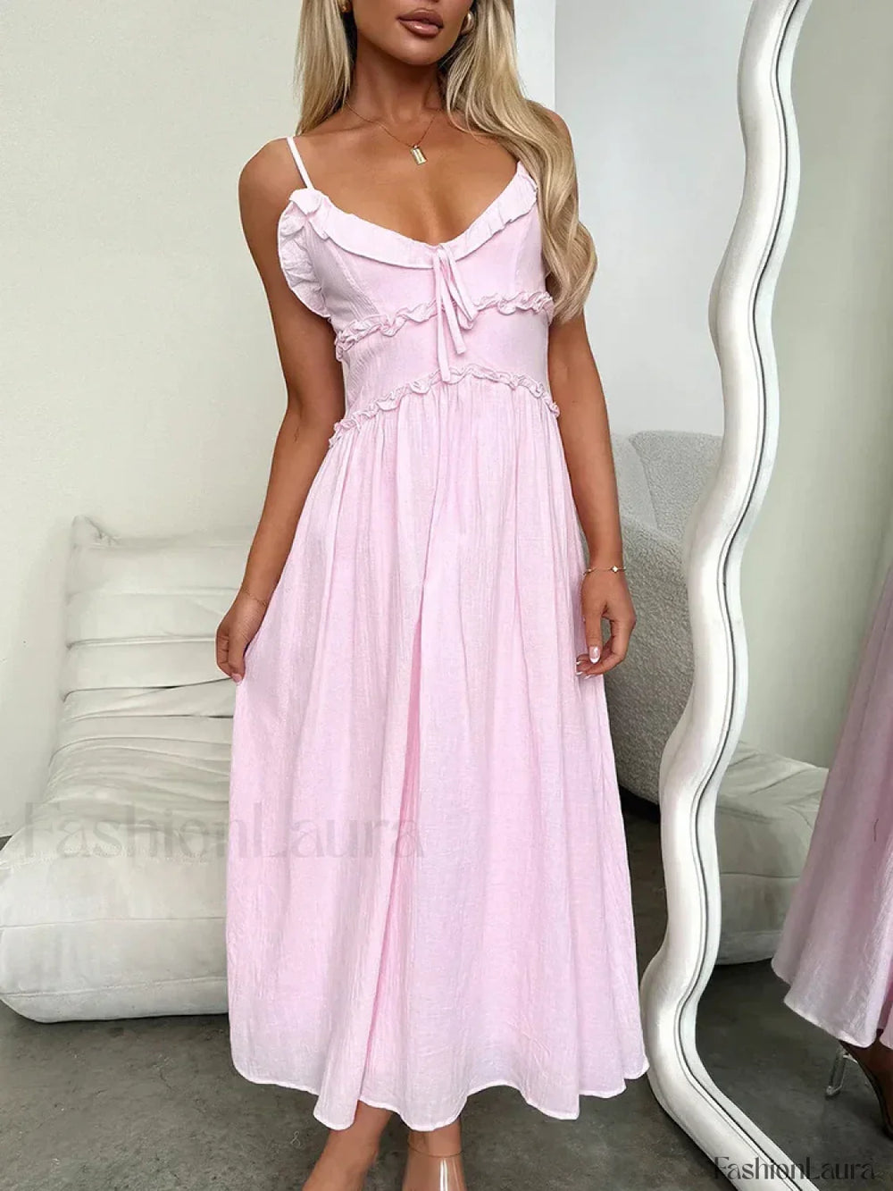 Red V Neck Camisole Midi Dress